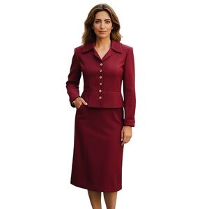 VINTAGE 50s PRINCIPLES Suit & Skirt Burgundy Set Quilted Collar size 12 V-Neck